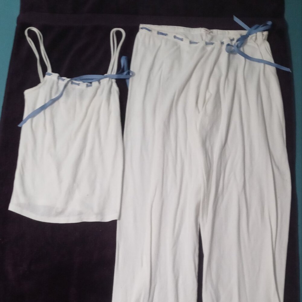 White PJ Wide Legged Loungewear Set with Ribbon Trim
